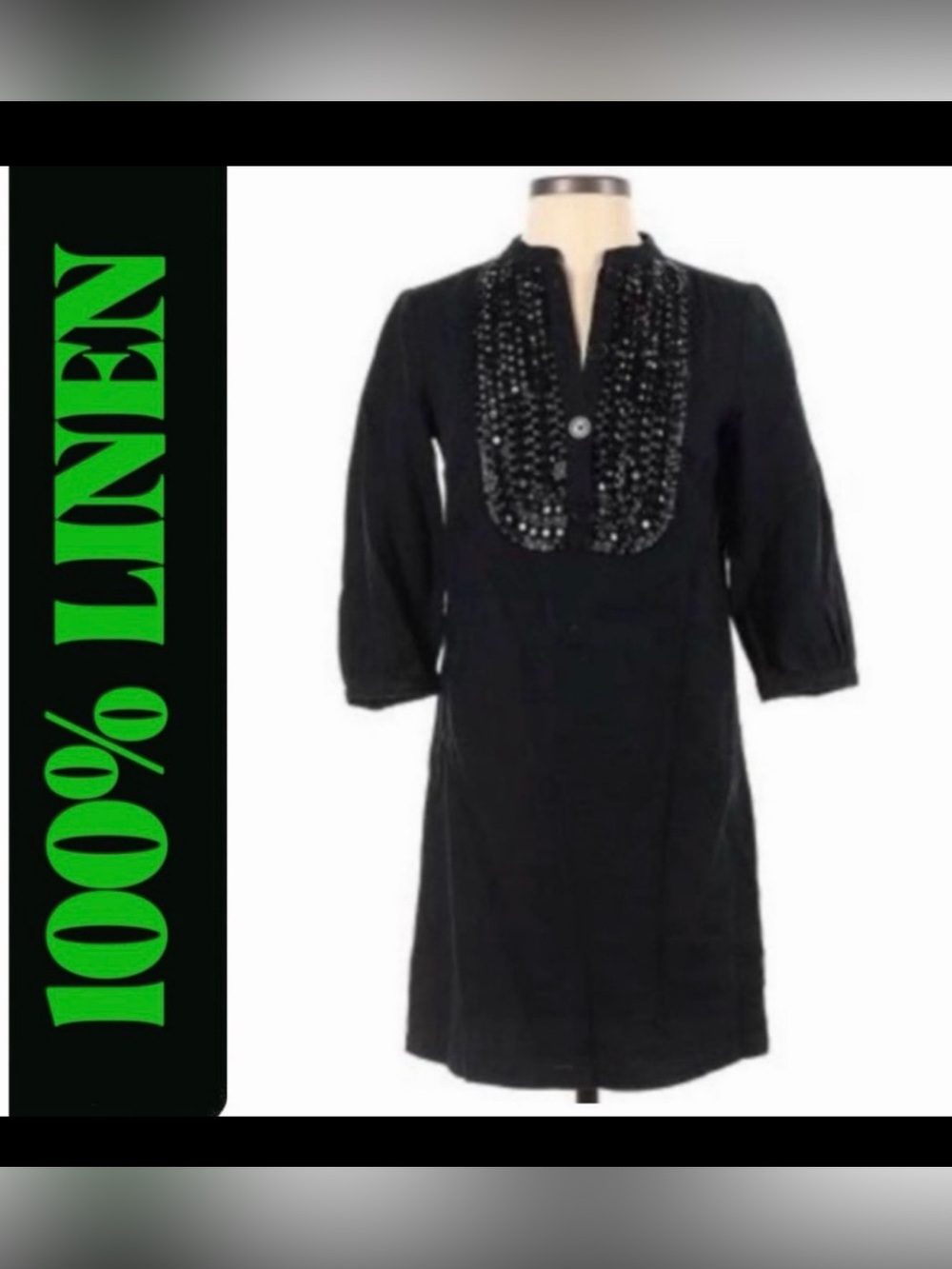 Michael Kors Black Linen Tunic Dress with Embellished Bib